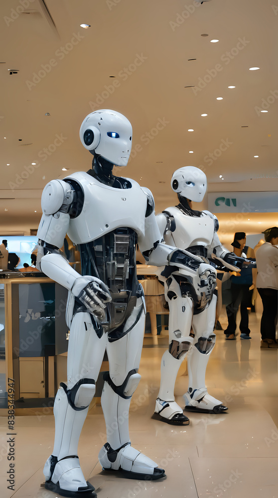 Fototapeta premium robots are standing in a line in a building with people