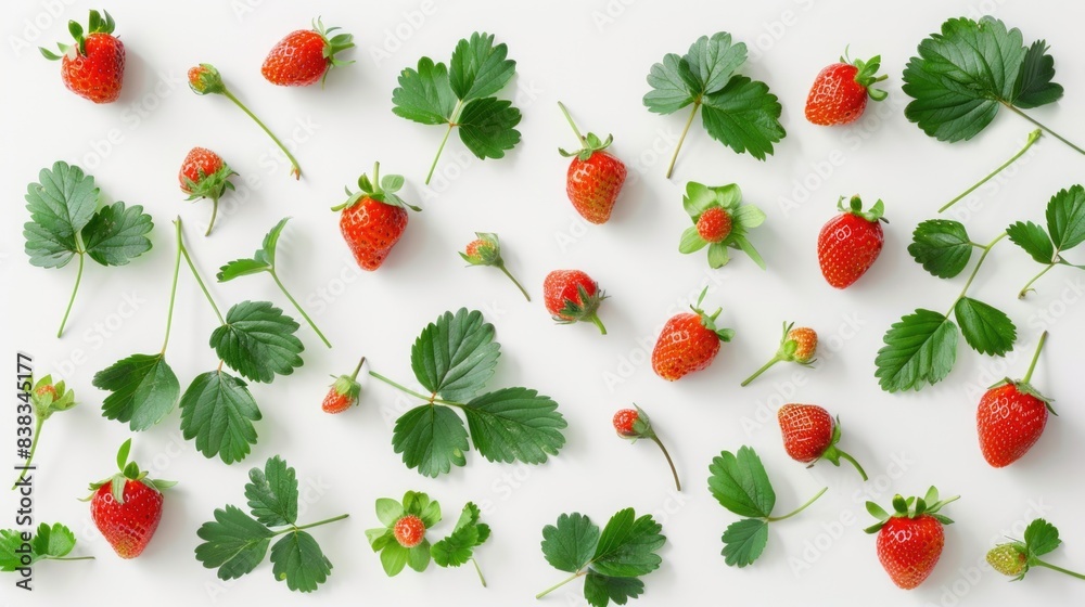 Strawberry with green leaves isolated on white background. Minimal trendy sunlight fruit concept, Top view and flat lay. Strawberry with green leaves isolated on white background. Minimal trendy sunlight fruit concept, Top view and flat lay.