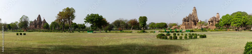 A panoramic view of Kandariya Mahadeva, Jagdamba & Lakshmi Temples in the Khajuraho temple complex, India A panoramic view of Kandariya Mahadeva, Jagdamba & Lakshmi Temples in the Khajuraho temple complex, India