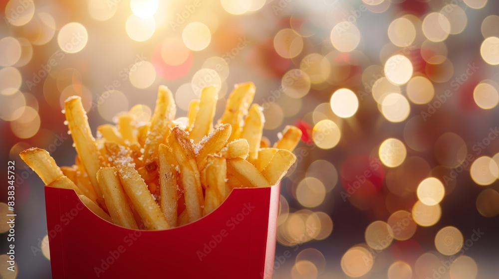 Golden crispy French fries in a red container with sparkling bokeh background, perfect for fast food and snack themes. Golden crispy French fries in a red container with sparkling bokeh background, perfect for fast food and snack themes.