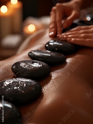 close-up of a woman's back on which a hand places hot stones for hot stone massage in a spa salon