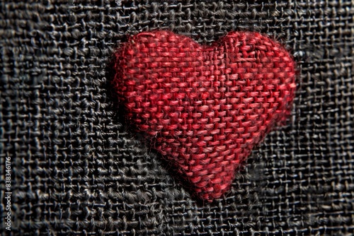 Close-up of woven red heart on black textile background