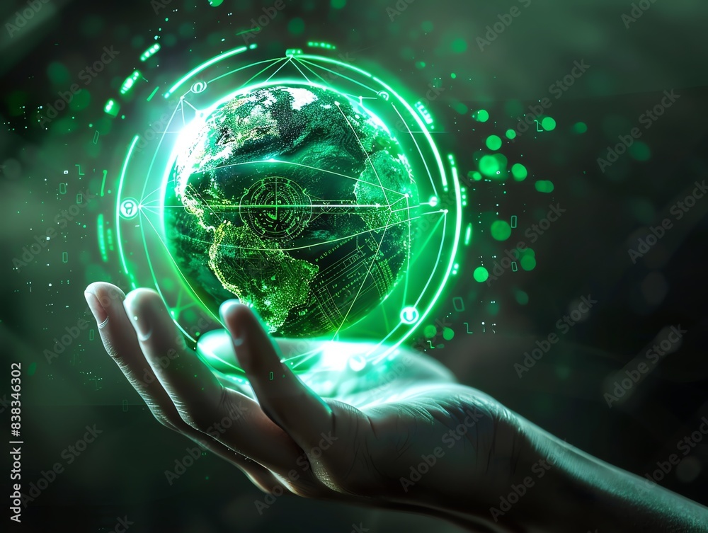 A glowing green earth globe held in a hand, representing technology and connection. A glowing green earth globe held in a hand, representing technology and connection.