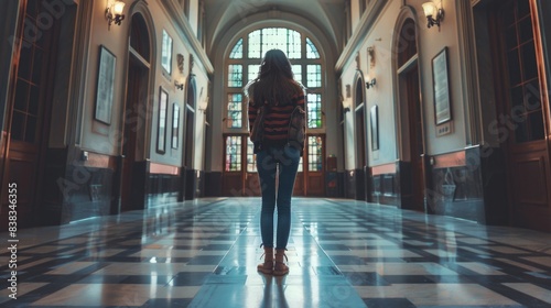 Student girl in the university building.