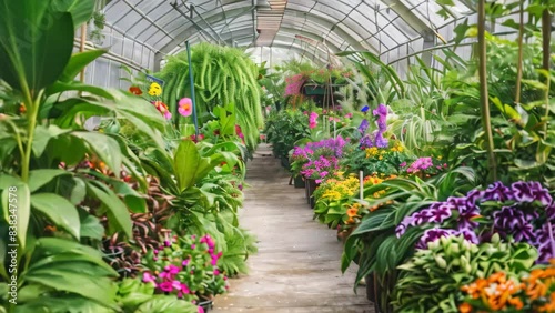 Wallpaper Mural Various types of flowers blooming abundantly in a greenhouse, A serene greenhouse filled with an abundance of lush green plants and colorful flowers Torontodigital.ca