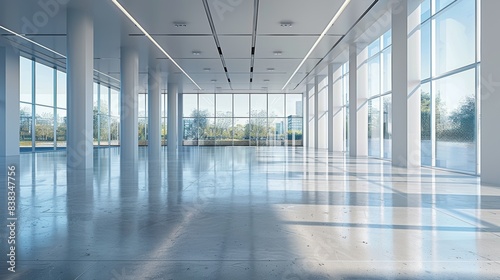 Spacious Modern Office Corridor with Natural Light. A well-lit  modern office corridor featuring reflective marble floors and a series of tall windows allowing natural light to enhance the airy space.