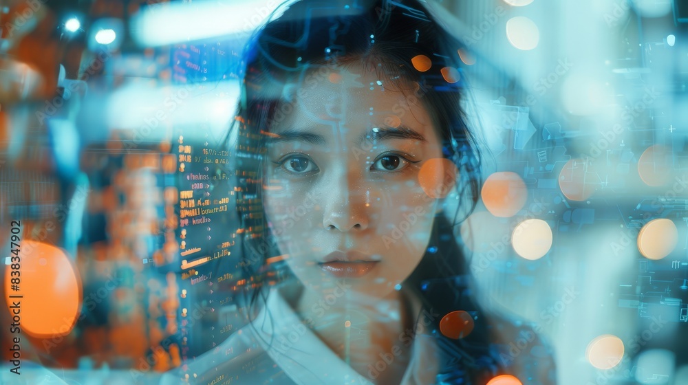 portrait of a woman in the city with a bokeh of screens and glass portrait of a woman in the city with a bokeh of screens and glass