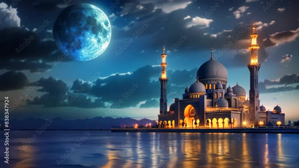 Night scene of a mosque under the full moons glow, A serene video of a ...