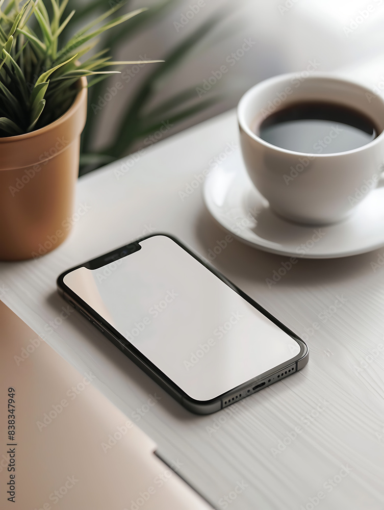 a phone sits on a table with a cup of coffee. a phone sits on a table with a cup of coffee.