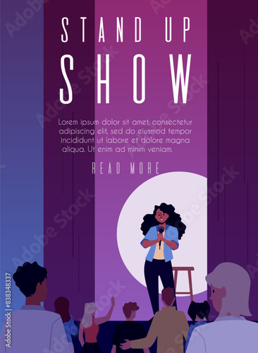 Comedian artist woman with mic perform stand-up comedy show on stage vector announcement poster, live public speaker
