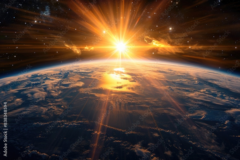 Sunrise as seen from the orbit of space, with the suns golden rays ...