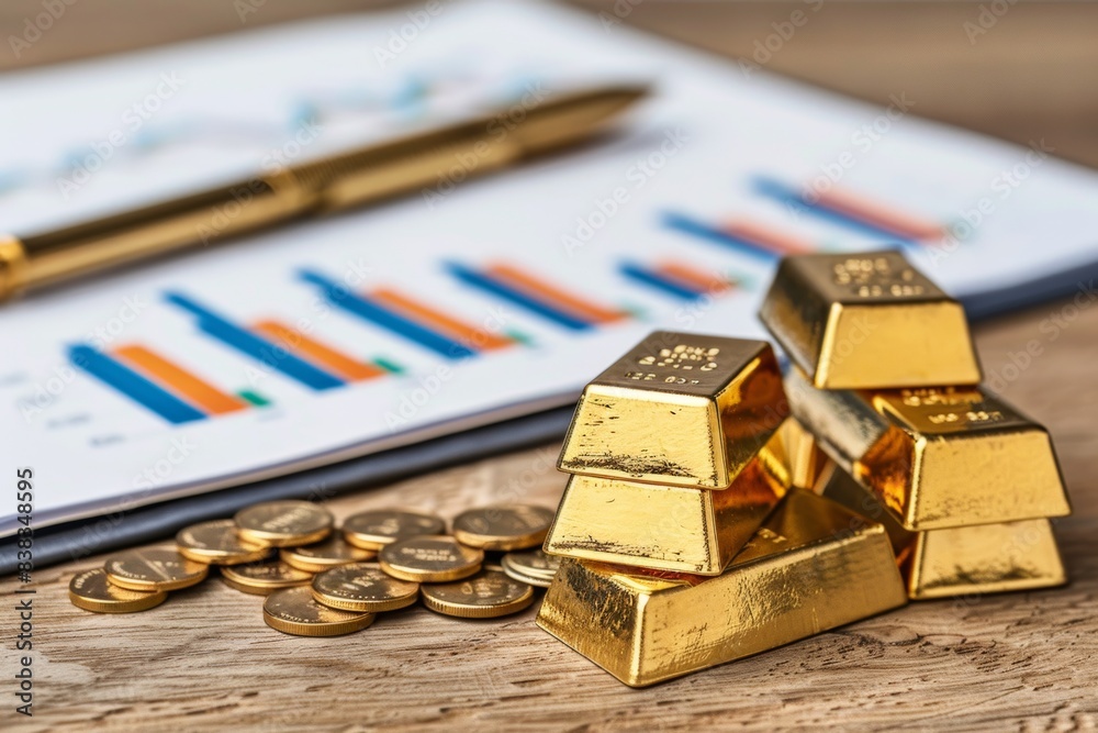 Gold bullion and coins with financial charts on desk Gold bullion and coins with financial charts on desk