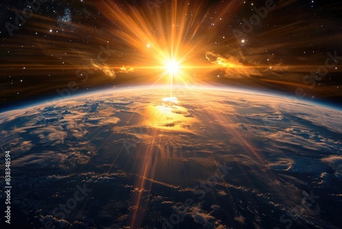 Sunrise as seen from the orbit of space, with the suns golden rays illuminating the curvature of the Earth against the vast