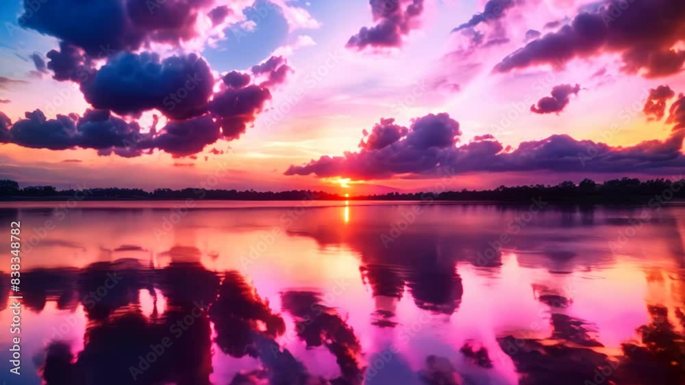 A colorful sunset reflecting on a serene lake, with clouds in the sky, A serene lake reflecting the colors of a vibrant sunset