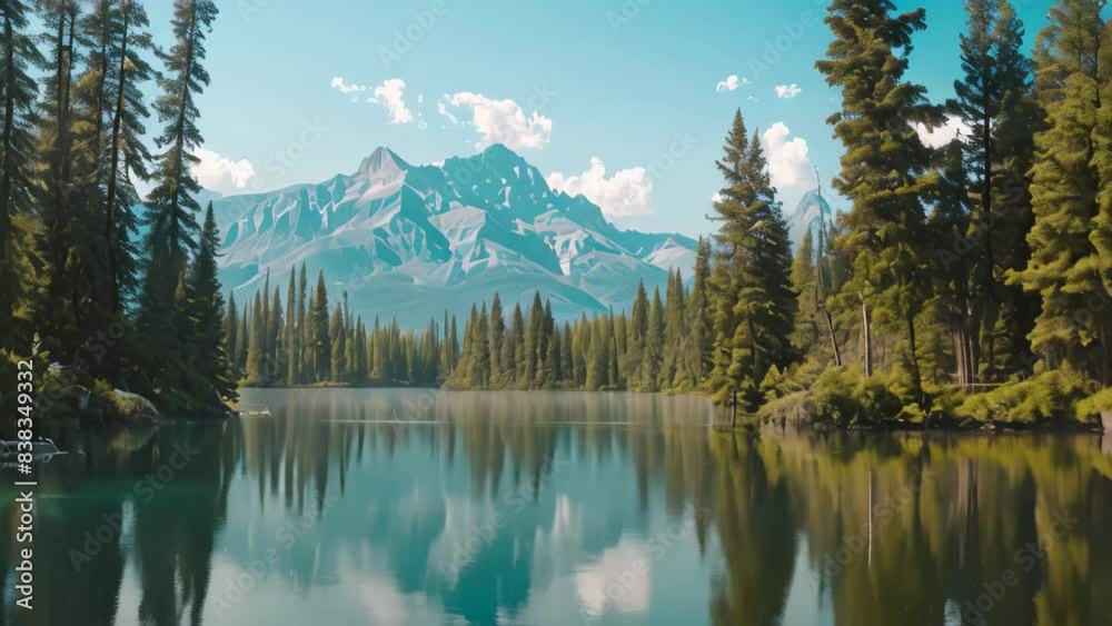 A lake surrounded by trees with a mountain in the background under a blue sky, A serene lake surrounded by tall trees and mountains in the background A lake surrounded by trees with a mountain in the background under a blue sky, A serene lake surrounded by tall trees and mountains in the background