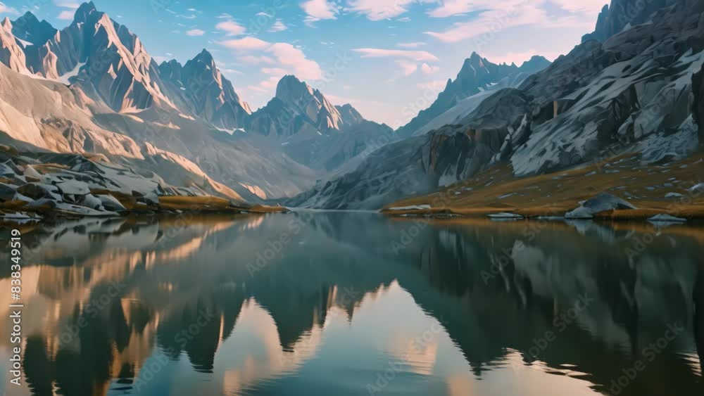 Tall mountains rise around a calm lake, creating a stunning natural scene, A serene lake surrounded by towering mountains in the background Tall mountains rise around a calm lake, creating a stunning natural scene, A serene lake surrounded by towering mountains in the background