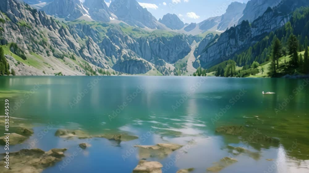 A large body of water is nestled amidst towering mountains in a breathtaking landscape, A serene lake surrounded by towering mountains in the background A large body of water is nestled amidst towering mountains in a breathtaking landscape, A serene lake surrounded by towering mountains in the background