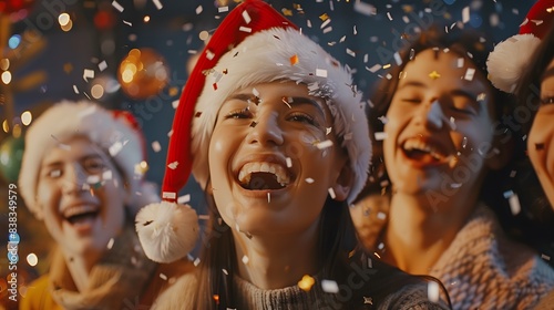 Joyful Friends Celebrate Christmas With Confetti. Generative AI