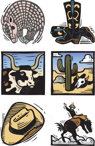 Texas Western USA cow cowboy boot cactus hat armadillo