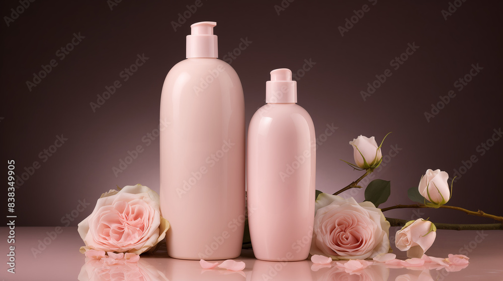 two pale pink shampoo bottles are placed next to the rock and pale pink roses and white camellias. two pale pink shampoo bottles are placed next to the rock and pale pink roses and white camellias.