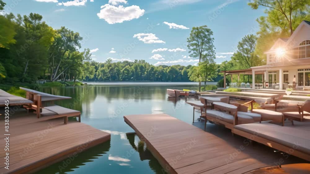 A dock by the lake furnished with chairs and a table for relaxation and dining, A serene lakeside retreat with paddle boats and serene views A dock by the lake furnished with chairs and a table for relaxation and dining, A serene lakeside retreat with paddle boats and serene views