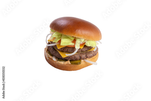 Double burger with lettuce, tomato and onion. transparent