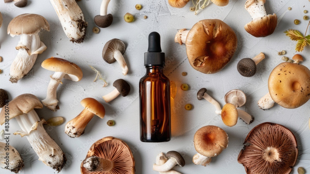 Supplement tincture bottle surrounded by fungi mushrooms on grey background.