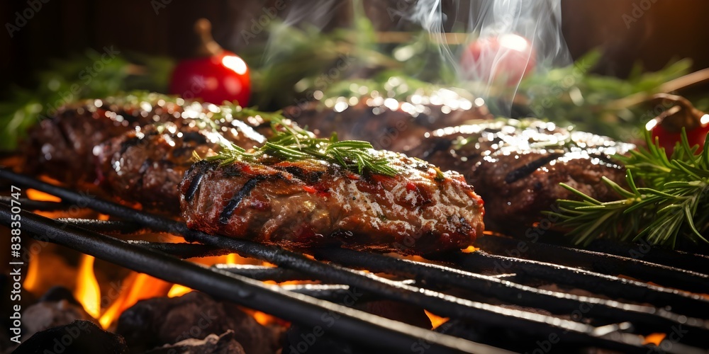 Grilling hamburgers outdoors for a delicious meal. Concept Outdoor Cooking, Grilling, Hamburgers, Barbecue, Delicious Meal
