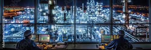 Two engineers work in a control room, monitoring a large, illuminated refinery through expansive windows at night