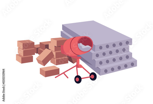 Concrete floor slabs, mixer and brown clay bricks pile, vector construction and building material and mixing equipment