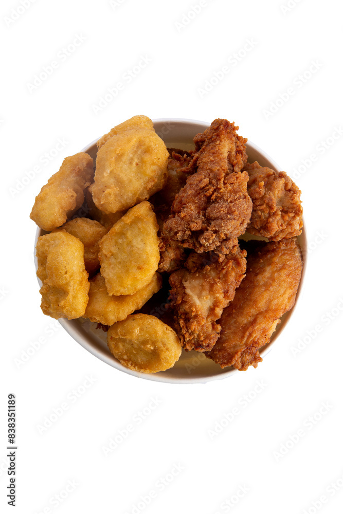 Fried chicken wings and nuggets in a bucket. transparent Fried chicken wings and nuggets in a bucket. transparent