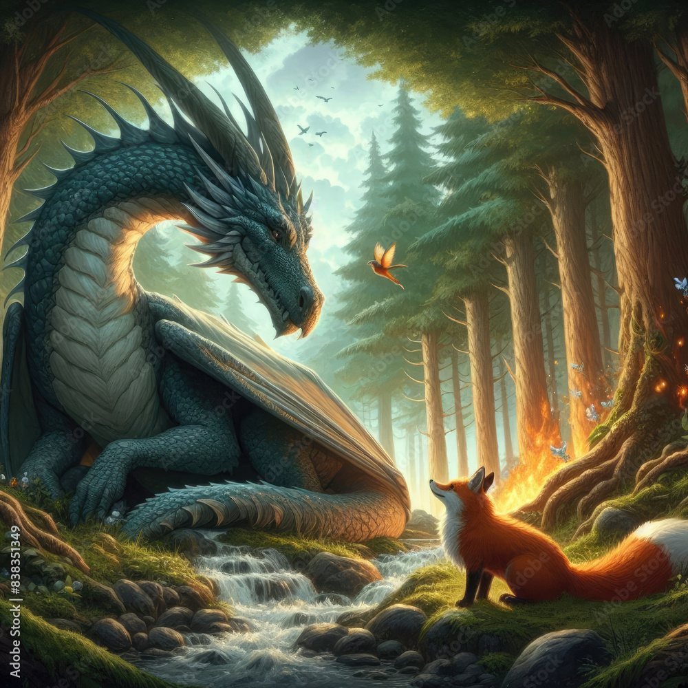 Genertative AI In a magical forest, a majestic dragon and a clever fox meet like old friends. dragon and fox fairy tale, inviting readers into a world of wonder and magic, two animal dragon and fox Genertative AI In a magical forest, a majestic dragon and a clever fox meet like old friends. dragon and fox fairy tale, inviting readers into a world of wonder and magic, two animal dragon and fox
