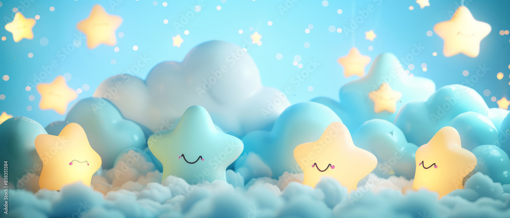 Adorable Blue and Yellow Stars with Happy Faces on A Cloudy Sky Background. Perfect for nursery decor, children's wall art, Cute Background or baby shower invitations. Adorable Blue and Yellow Stars with Happy Faces on A Cloudy Sky Background. Perfect for nursery decor, children's wall art, Cute Background or baby shower invitations.