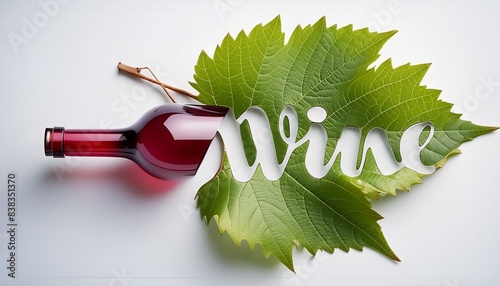 A creative presentation featuring a red wine bottle, grapes, and green leaves spelling out 'wine'