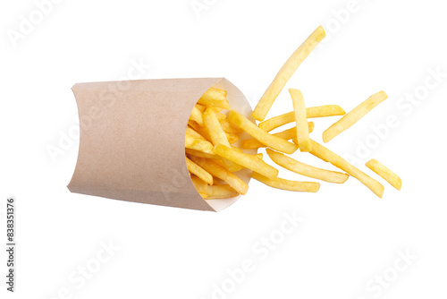 French fries in a cardboard cup. transparent