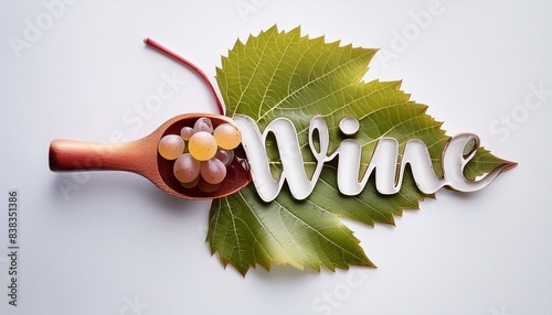 A creative presentation featuring a red wine bottle, grapes, and green leaves spelling out 'wine'