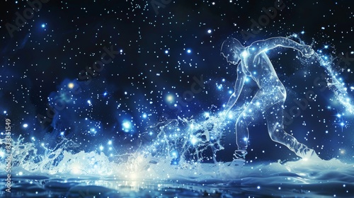 Aquarius the water bearer represented as a celestial figure pouring water in a starry night