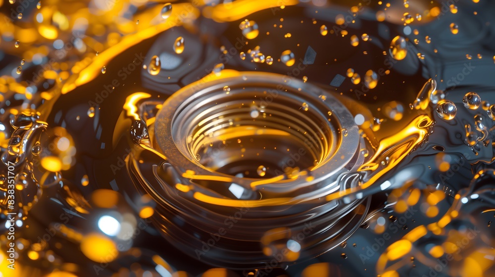 Close-up view of a metal bearing with dynamic oil splashes. AI.