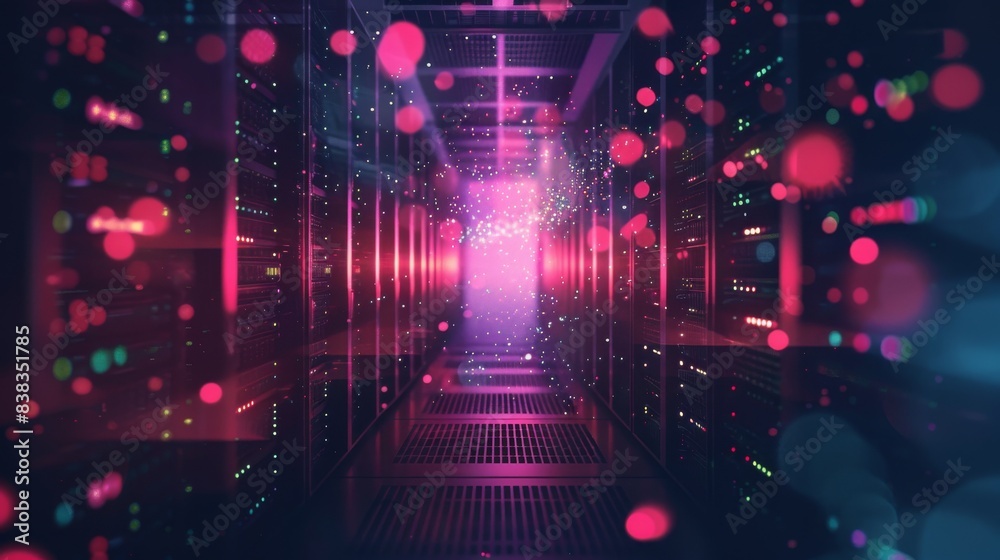 Futuristic data center with glowing servers and vibrant colors