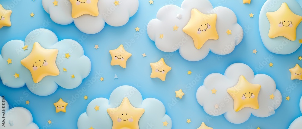 Adorable Blue and Yellow Stars with Happy Faces on A Cloudy Sky Background. Perfect for nursery decor, children's wall art, Cute Background or baby shower invitations. Adorable Blue and Yellow Stars with Happy Faces on A Cloudy Sky Background. Perfect for nursery decor, children's wall art, Cute Background or baby shower invitations.