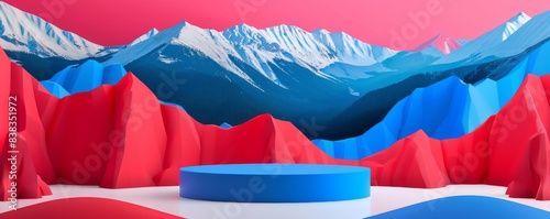 Modern pop art podium with Slovak flag background and abstract landscape