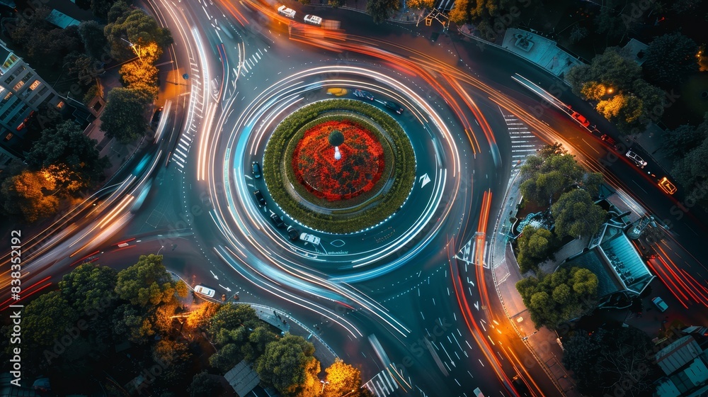 Concept Urban Transportation : Busy urban street traffic circle roundabout in motion. 