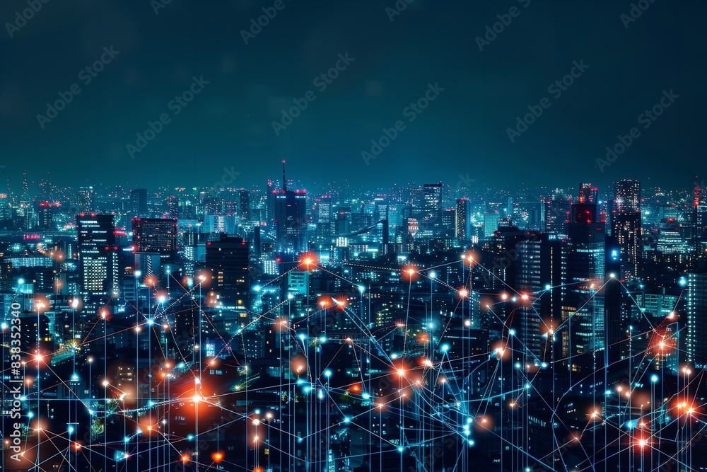 Fototapeta premium A smart city featuring a wireless network and a cityscape.notion of massive data connection technology.Nighttime cityscape with wireless network and connection technologies concept, Generative AI.