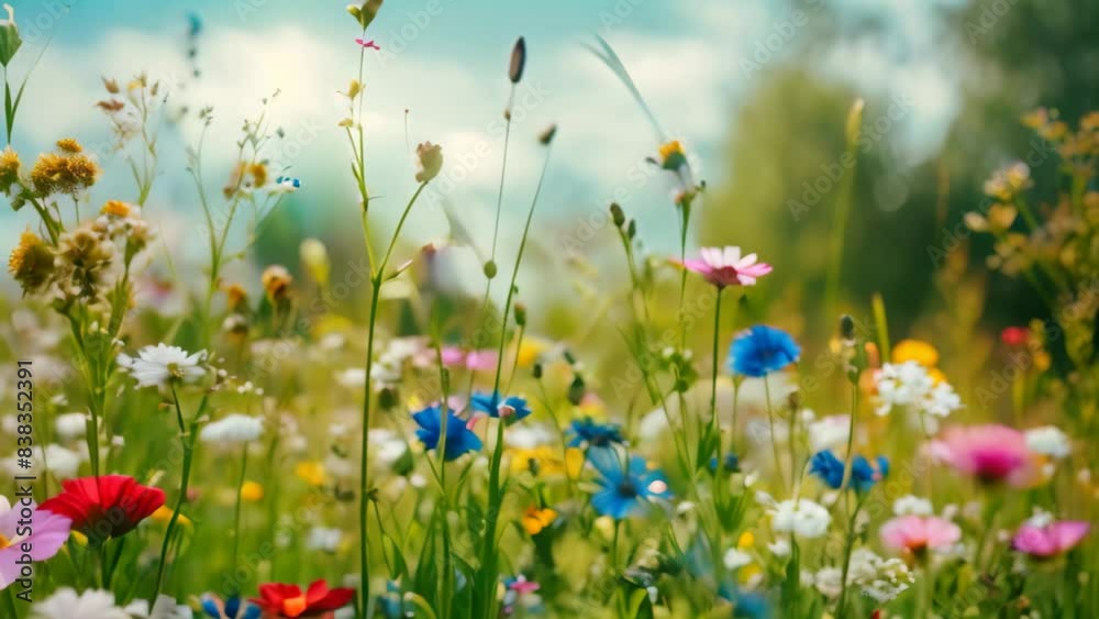 A meadow filled with wildflowers and daisies under a clear blue sky, A serene meadow of wildflowers