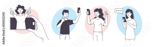 Man and Woman Blogger Character with Smartphone Making Internet Content Vector Set