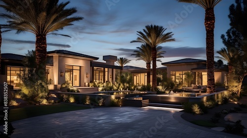 Luxury villa in the desert with palm trees at sunset © Iman