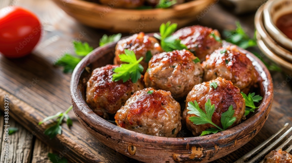Tasty meatballs on rustic plate Tasty meatballs on rustic plate