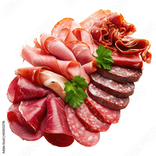Foto Close up of a variety of cured meats isolated on transparent background