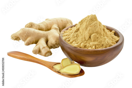 Fresh and dried ginger. Whole and grated ginger root with wooden spoon isolated on transparent background photo