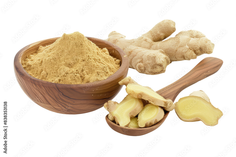 Fresh organic ginger root and ginger powder in wooden bowl and spoon isolated on transparent background Fresh organic ginger root and ginger powder in wooden bowl and spoon isolated on transparent background